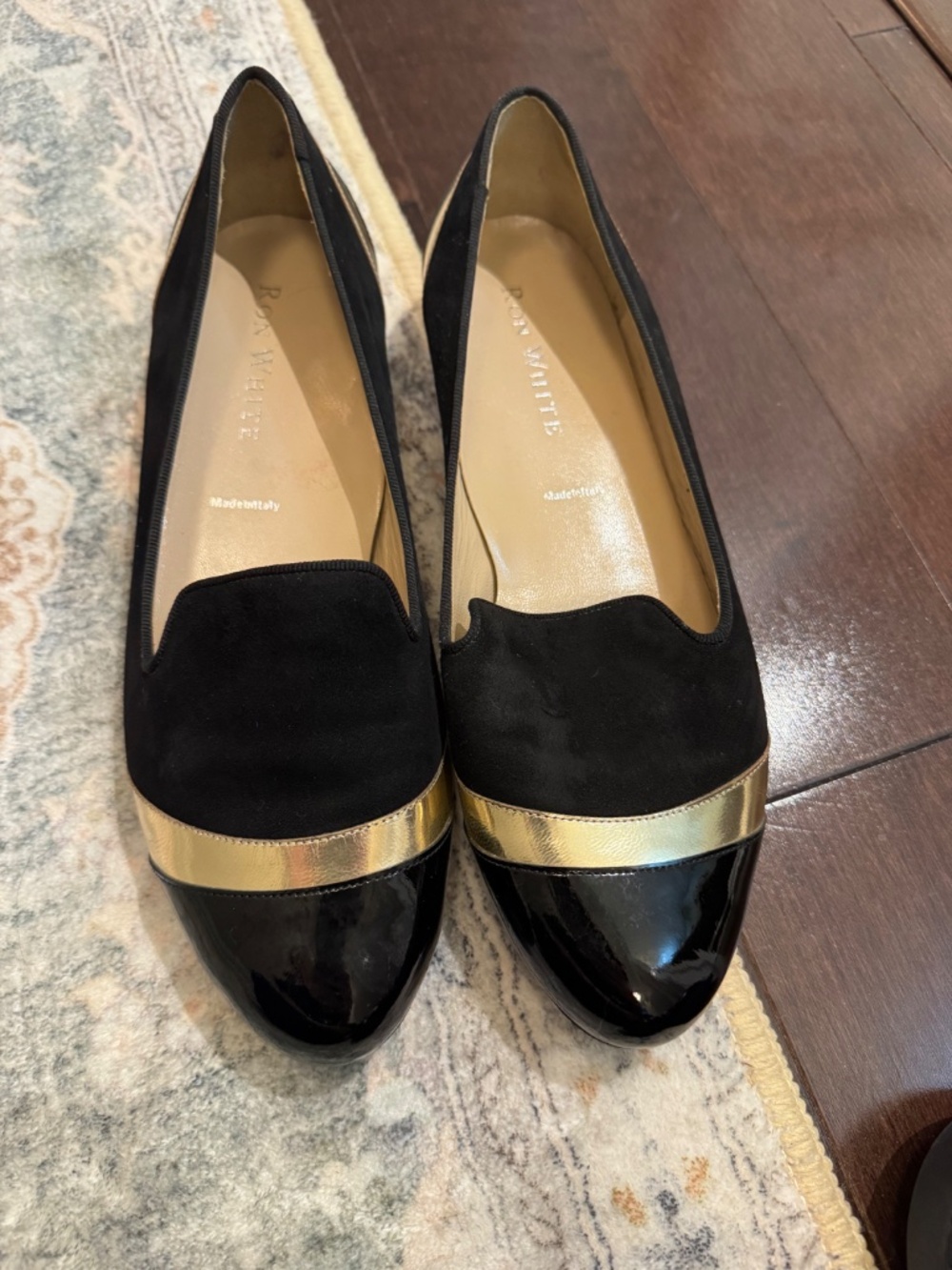 Ron White Black Suede Smoking Loafers with Gold & Patent Trim — Size 39.5 - Picture 5 of 5
